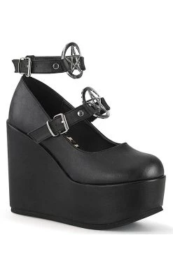 Outlet π Demonia POISON-99-1 Black Vegan Leather Platform Mary Jane Wedges π