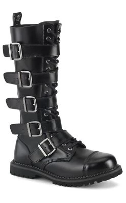 Best deal 🔔 Demonia RIOT-18BK Black Leather Knee High Combat 🥾 Boots 😉