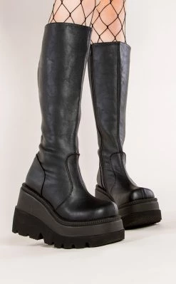 Flash Sale 😀 Demonia SHAKER-100 Black Vegan Knee High Platform 🥾 Boots 😀