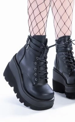 Cheap ✨ Demonia SHAKER-52 Black Vegan Leather Platform Ankle 🥾 Boots 🛒