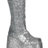Cheapest 🎉 Demonia STACK-301G Silver Glitter Platform 🥾 Boots 🤩