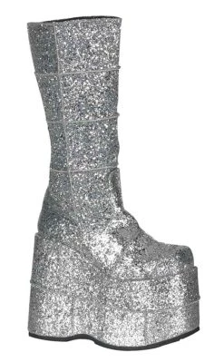 Cheapest 🎉 Demonia STACK-301G Silver Glitter Platform 🥾 Boots 🤩