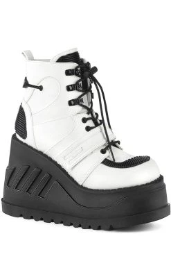 Cheap 🔔 Demonia STOMP-13 White Vegan Leather Platform Ankle 🥾 Boots 🎉