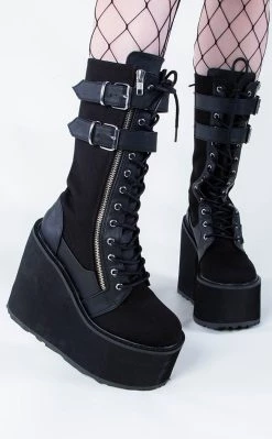 Budget 😍 Demonia SWING-221 Black Canvas Platform Knee High 🥾 Boots ❤️
