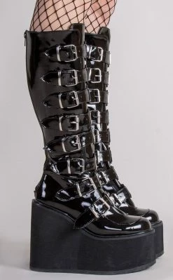 Deals 🔥 Demonia SWING-815 Black Patent Trinity Platform Knee High 🥾 Boots 🥰 -gothic-alternative-shoes Shop SWING 815 Black Patent Trinity Platform Knee High Boots Demonia 4 650x