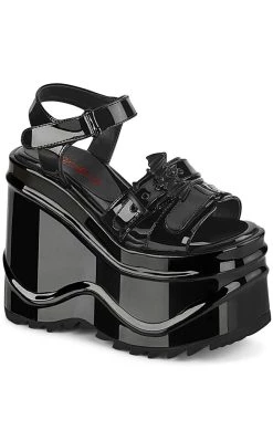 Best Sale 🔥 Demonia WAVE-13 Black Patent Platform 🩴 Sandals 😉