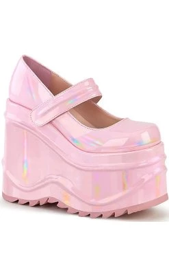 Discount 👍 Demonia WAVE-32 Baby Pink Holographic Platform Mary Janes ✨